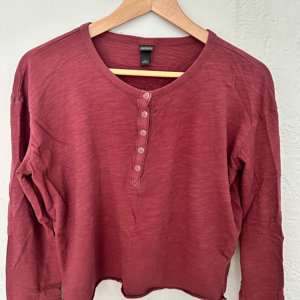 Red Cropped Relaxed Long Sleeve T-shirt Henley style